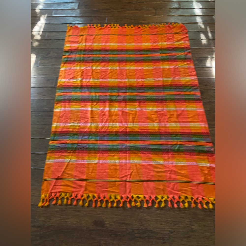 Vibrant shades of orange/multicolor fringed decor throw or tablecloth 56” x 80”